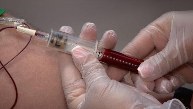 Blood being taken from an arm with a syringe 