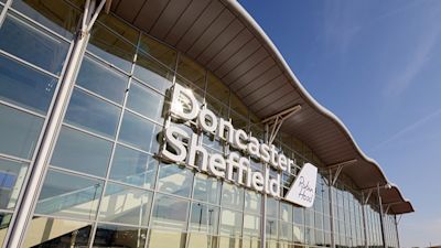 Doncaster Sheffield Airport lit up in colour