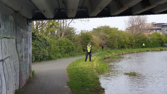 Police patrolling the canal at Meggetland, Edinburgh, after runners and cyclists pushed in.
Credit: Edinburgh South West Policing Team