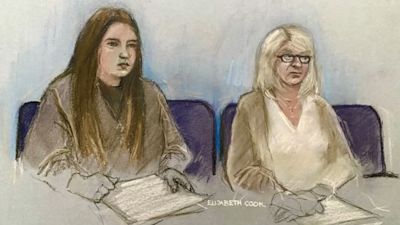 Court artist sketch of Julia Wandelt (left) and Karen Spragg at Leicester Crown Court
