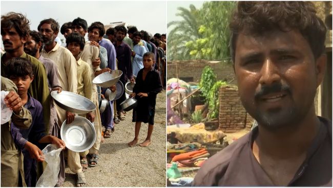 People in Pakistan queue for food aid as hundreds of thousands, like labour Rehan Ali (right) lose their homes.
AP/ ITV News