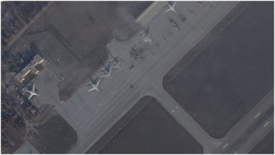 Satellite image of Engels airfield taken this morning. A damaged Russian bomber with what appears to be the remnant of fire-suppressing foam beneath it can be seen, as well as scorch marks on the tarmac.   Image © 2022 Planet Labs Inc. All Rights Reserved. Reprinted by permission.  
