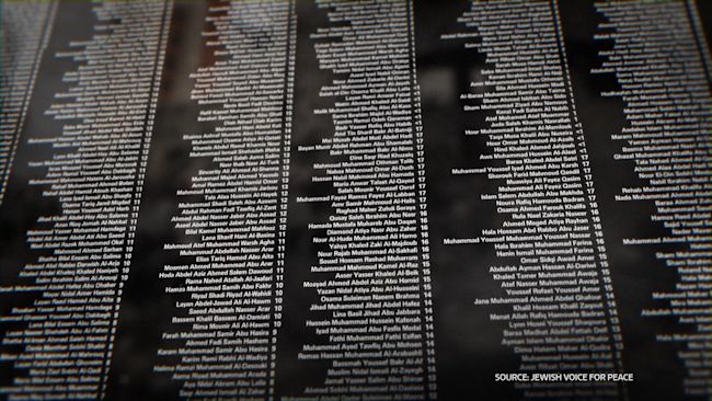 A screengrab of a roll-call of Gazan children left dead by the Israel-Hamas war.