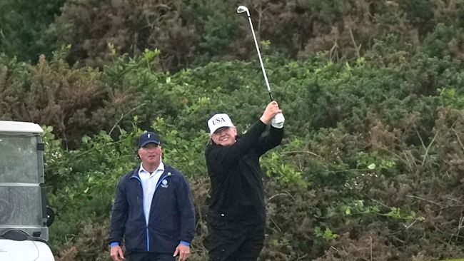 Tight Security While Trump Plays Golf In Scotland As Hundreds Protest His Visit 3 On Saturday morning Trump was seen on the golf course there, wearing a white cap and driving a golf buggy.