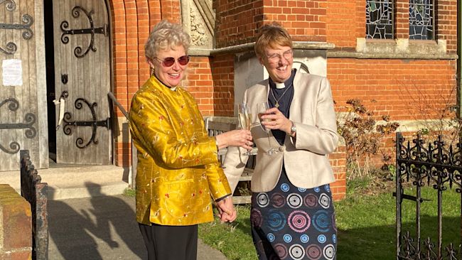Catherine and Jane celebrate after the service