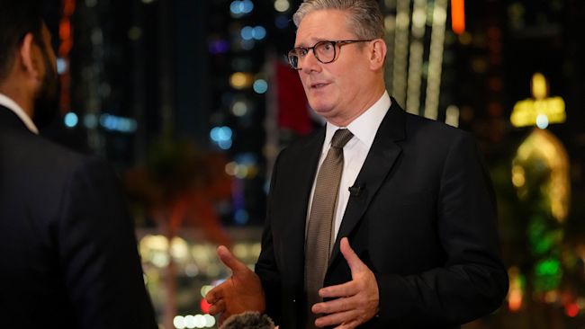 Prime Minister Sir Keir Starmer speaks to the media after his arrival in Abu Dhabi for his visit to United Arab Emirates, Saudi Arabia and Cyprus