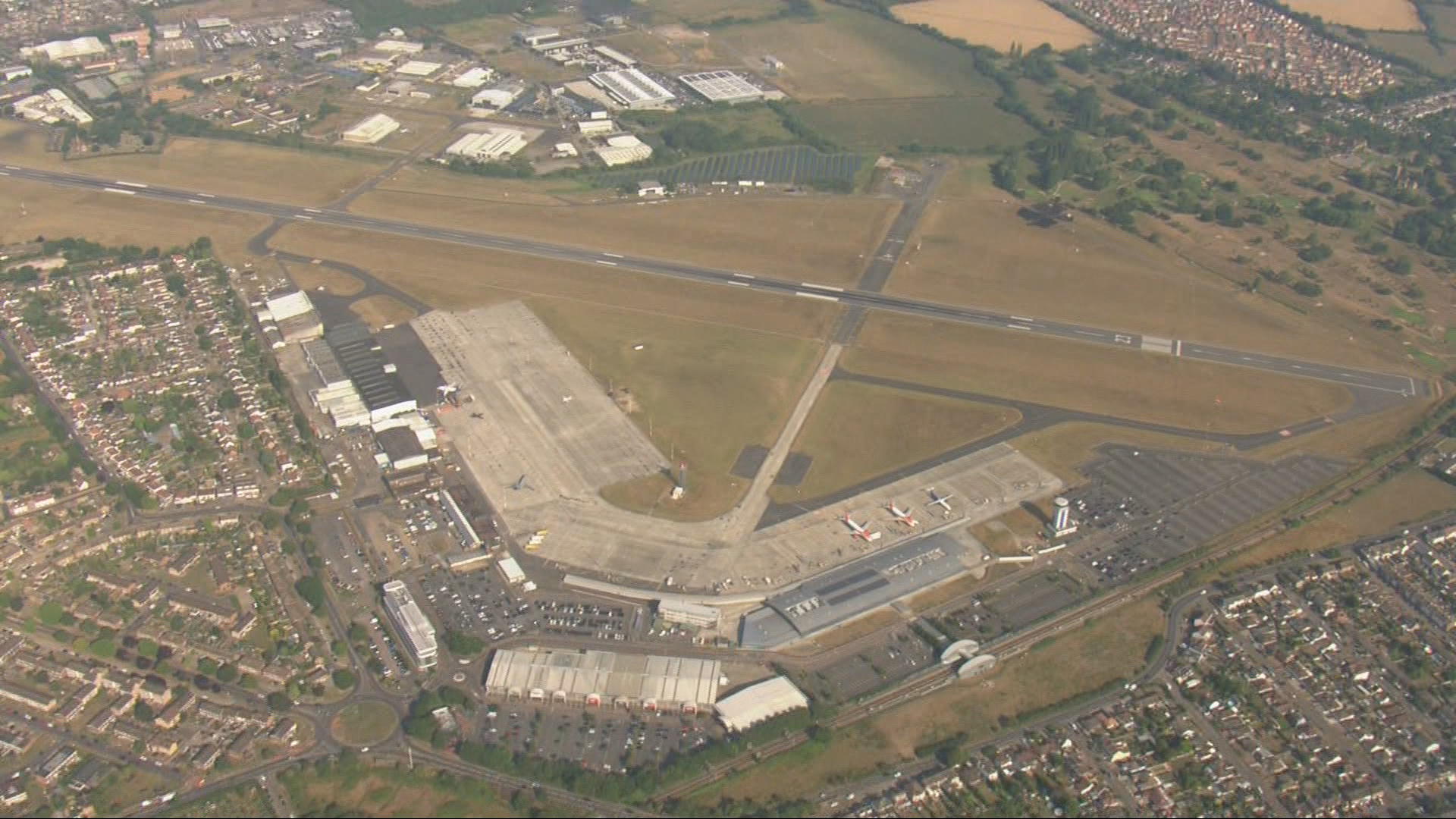 An aerial view of Southend Airport, with the runway running left to right.