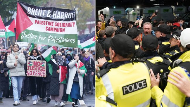 People demonstrate in Camden, in north west London, during a Palestine Day of Action demonstration. Picture date: Saturday November 18, 2023.

Police officers remove pro-Palestinian protesters that took part in a sit-in demonstration at London's Waterloo Station calling for a ceasefire in Gaza. Picture date: Saturday November 18, 2023.