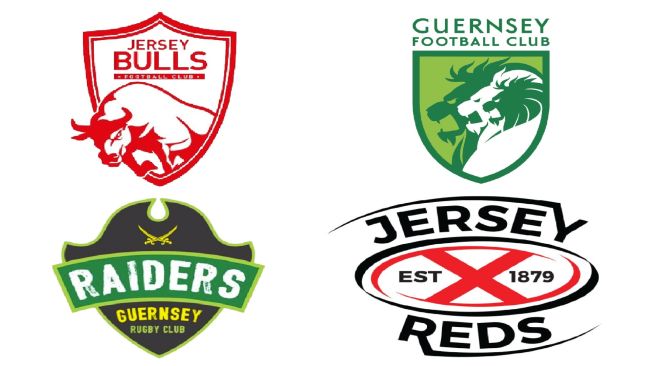The rugby and football teams logos across the Channel Islands.