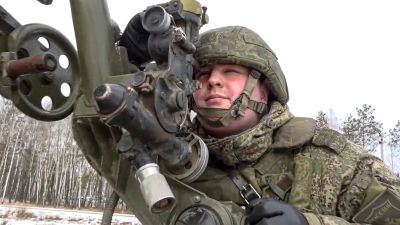 In this photo taken from video and released by the Russian Defense Ministry Press Service on Friday, Feb. 4, 2022, a soldier takes part in the Belarusian and Russian joint military drills at Brestsky firing range,