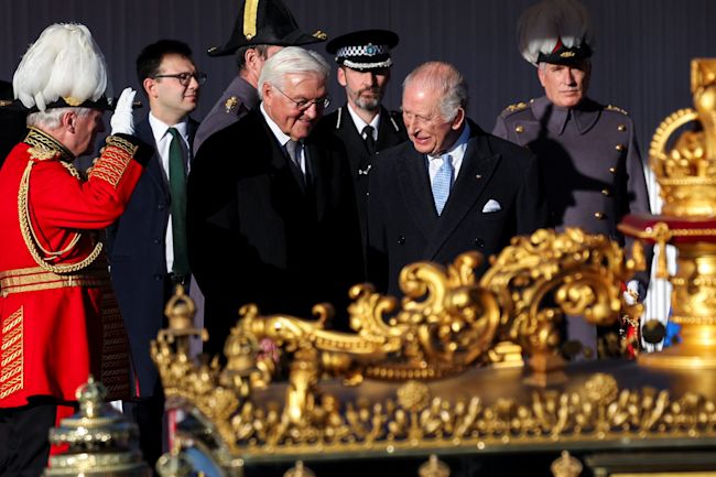 King Charles III receives German President Frank-Walter Steinmeier at Datchet Road in Windsor, Berkshire.