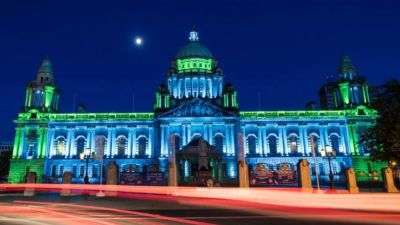 Belfast City Hall lit up for Irish language. 