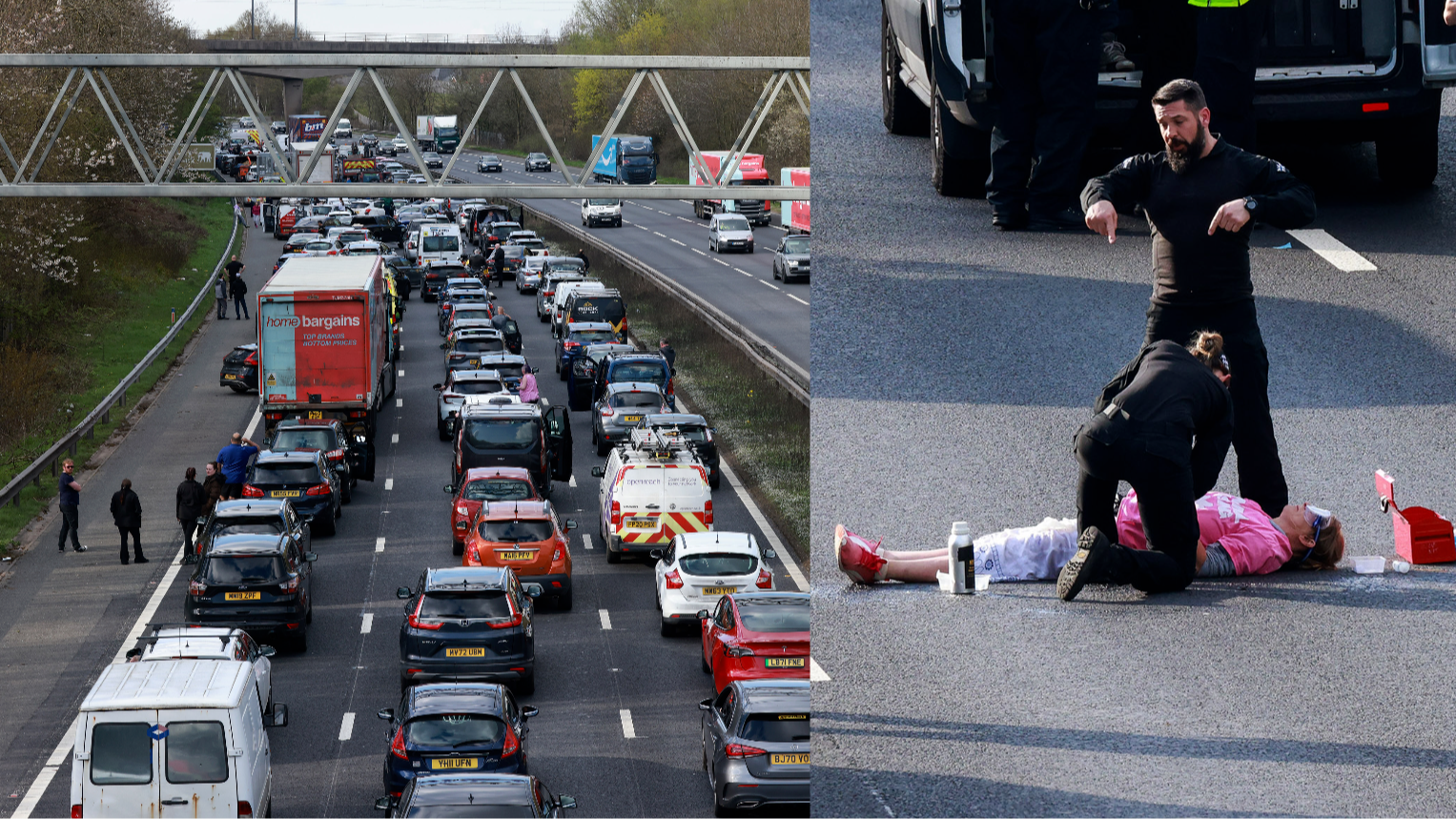 Animal rights activists glue themselves to the M57 in Grand