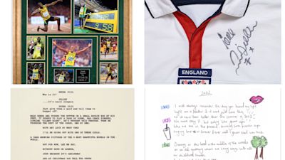 Usain Bolt (top left) and David Beckham (top right) have both donated items, while a film cell from the film Love Actually (bottom left) and the handwritten lyrics for Anne-Marie's song '2002' are also up for grabs.