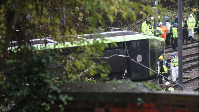 The scene after a tram overturned in Croydon