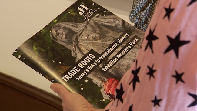 An image of a resource pack titled 'Trade Roots' detailing Jersey's links to atlantic slavery.