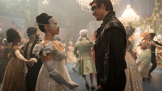 Undated handout photo issued by Netflix of Yerin Ha as Sophie Baek and Luke Thompson as Benedict Bridgerton in season four of the period drama Bridgerton. A teaser for Bridgerton series four has offered a glimpse at the love story between Benedict Bridgerton and a mysterious woman he meets at his mother's masquerade ball. The hit Netflix show, based on a series of books of the same name by Julia Quinn, follows the eight siblings of the Bridgerton family in their quest to find love. Issue date: Monday October 13, 2025.