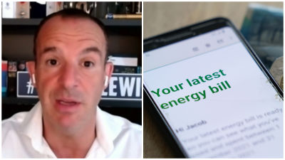 Split image. Left image: Martin Lewis. Right image: A phone screen with an energy bill on it.
