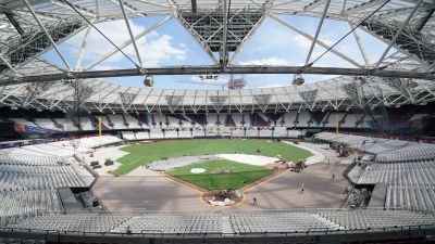 A general view of the London Stadium, home of West Ham United, as the pitch is transformed into a baseball field. Major League Baseball will return to the London Stadium on Saturday, June 24th as St. Louis Cardinals and Chicago Cubs face off in a two-game series. Picture date: Thursday June 15, 2023.