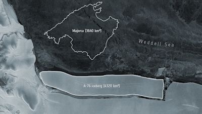 An enormous iceberg has calved from the western side of the Ronne Ice Shelf, lying in the Weddell Sea, in Antarctica. The iceberg, dubbed A-76, measures around 4320 sq km in size – currently making it the largest berg in the world.