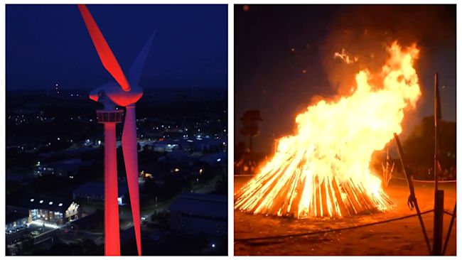 The Swaffham Ecotricity Turbine (left) and the beacon at Sandringham (right).