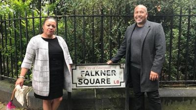 Michelle Charters and Eric Lynch’s son Andrew in Falkner Square, one of the places being considered