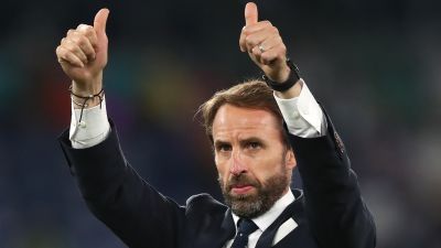 England manager Gareth Southgate applauds the fans after the UEFA Euro 2020 Quarter Final match at…
