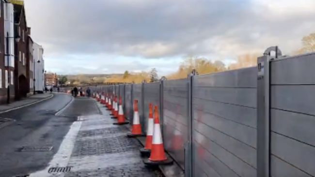 A screenshot of timelapse video of flood defences being put up in Worcestershire