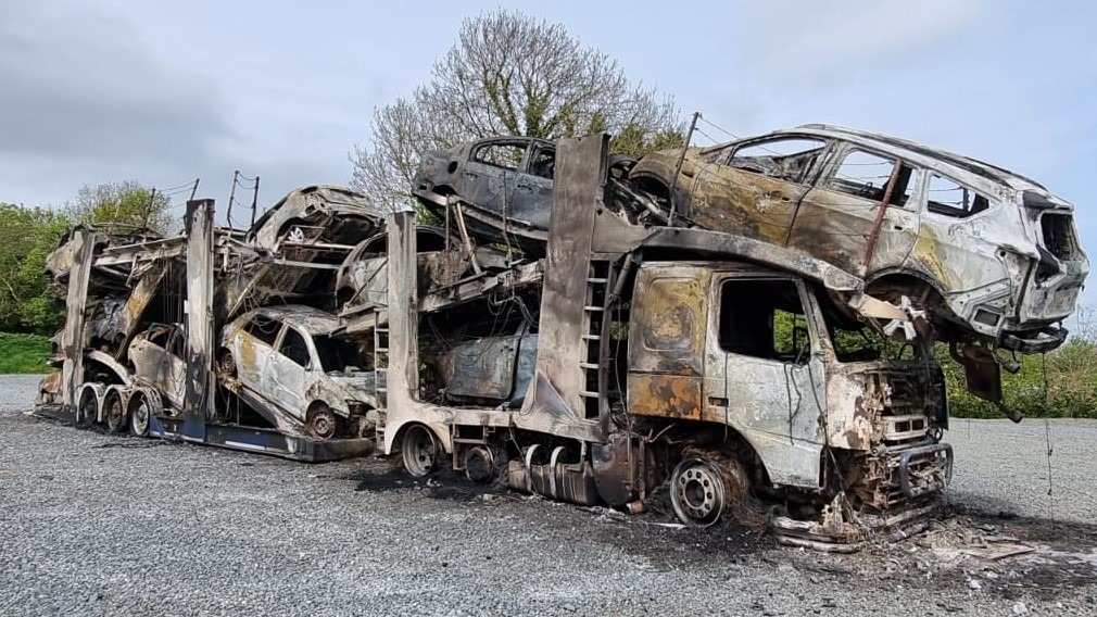 11 vehicles destroyed after vehicle transporter set on fire in Dungannon UTV ITV News