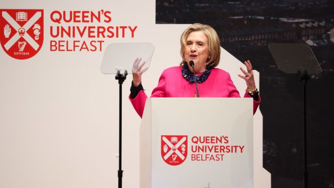 Hillary Clinton addressing Good Friday Agreement conference in Belfast. Pic Presseye