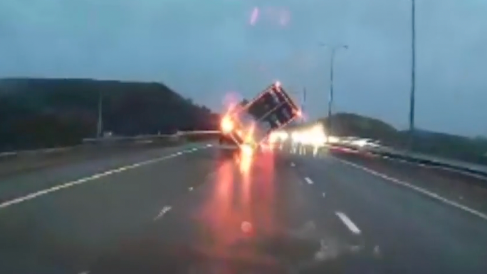 Chaos On The M62 As Strong Winds Blow Lorry Over And Slide Across Three ...