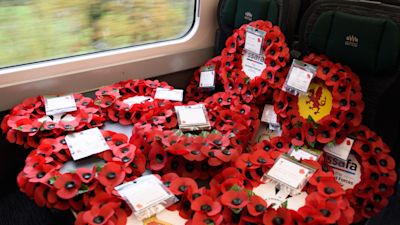 Handout photo issued by Great Western Railway (GWR) of poppy wreaths on board the 0.900am train service from Bristol Temple Meads to London Paddington for operation "Poppies to Paddington". GWR have joined forces with The Veterans Charity to transport memorial wreaths from around the UK on train services into London Paddington to be laid around the station's war memorial for the two minutes silence to remember the war dead on Armistice Day.