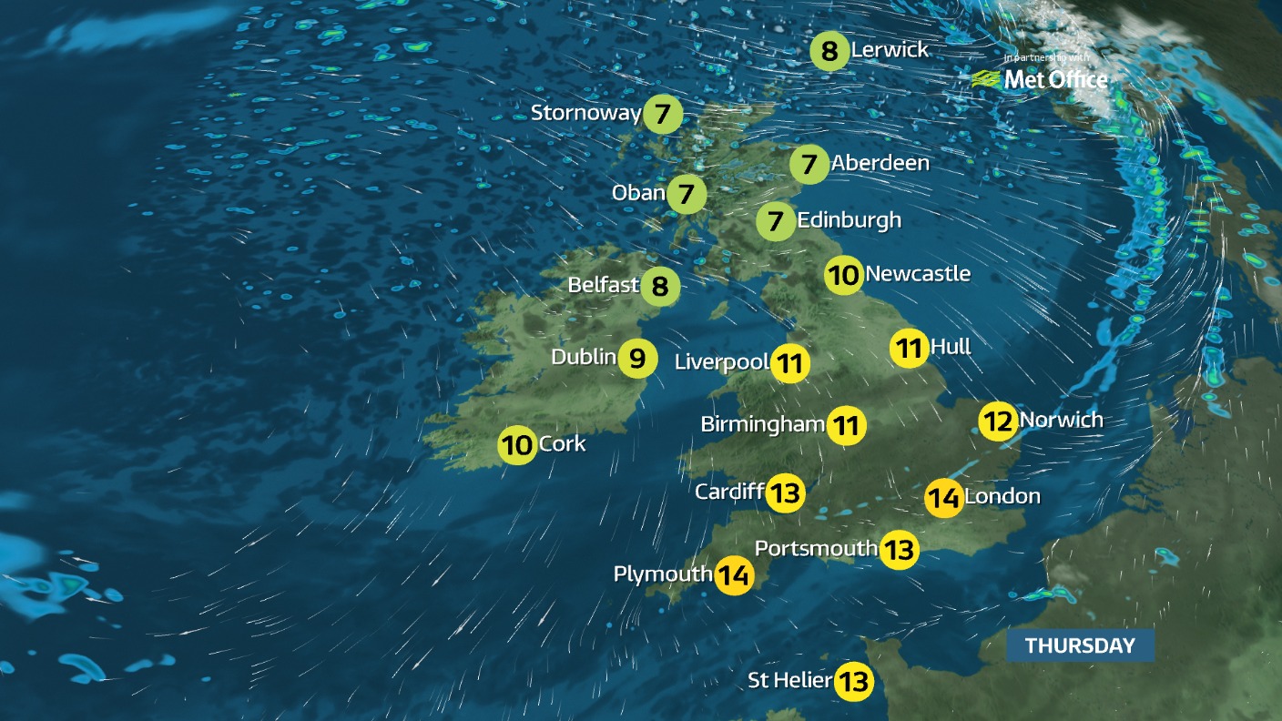 Weather: cloud and outbreaks of rain will spread southwards across ...