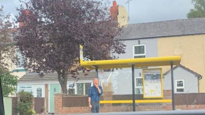 Paul McCartney at bus stop in Heswall, Wirral