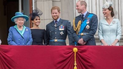 The Queen, Meghan Markle, Prince Harry, Prince William and Kate at the RAF centenary celebrations in July 2018 on the balcony of Buckingham Palace. 