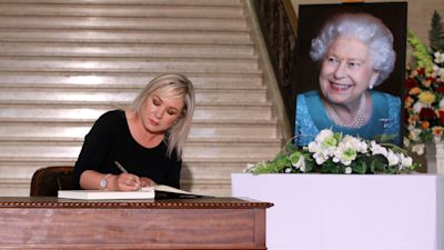 Michelle O'Neill signs book of condolence at Stormont. Pic Presseye