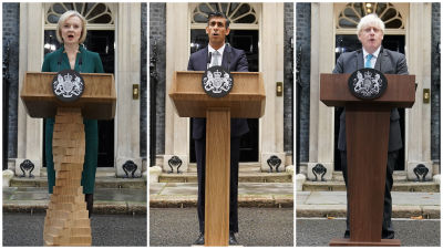 Split image. Left image: Liz Truss stood at a lectern. Middle image: Rishi Sunak stood at a lectern. Right image: Boris Johnson stood at a lectern.