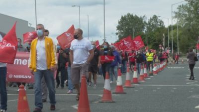 Pension protestors marching past the Nissan plant in Sunderland. 