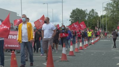 Pension protestors marching past the Nissan plant in Sunderland.