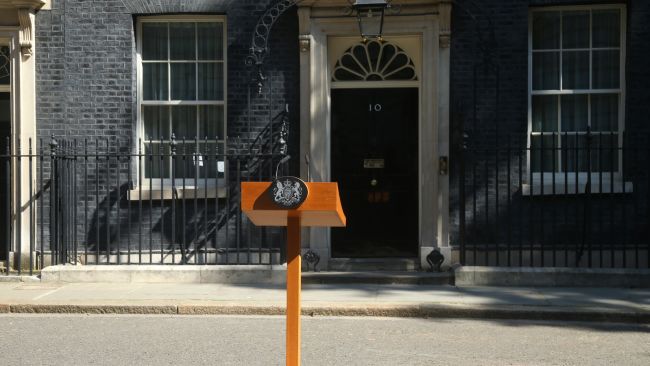 A lectern outside No 10 Downing Street.