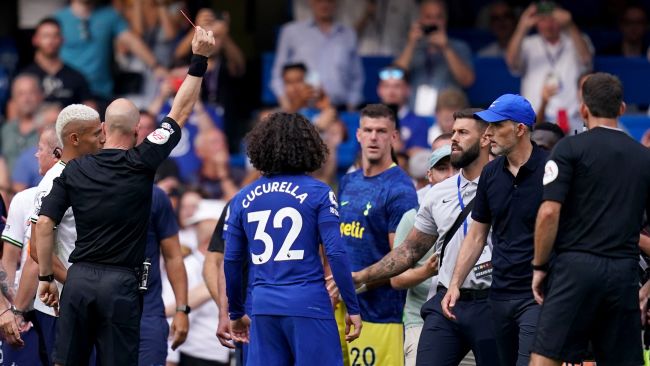 Chelsea manager Thomas Tuchel is sent off by referee Anthony Taylor during the Premier League match at Stamford Bridge
