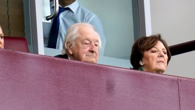 Joint majority shareholders Delia Smith and Michael Wynn Jones watch on from the stands at Villa Park.