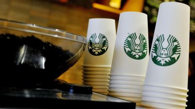 Starbucks coffee granules and coffee cups 