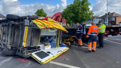 An overturned ambulance is causing severe delays across Leicester this morning