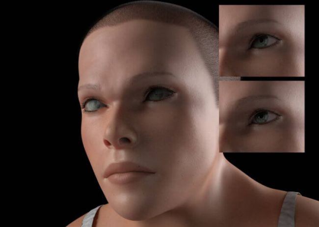 Mindy the future human has developed a second eyelid to prevent harm from technology and screens. 