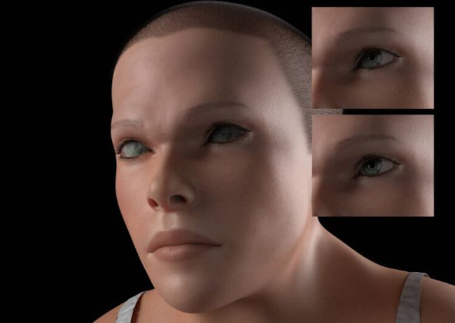 Mindy the future human has developed a second eyelid to prevent harm from technology and screens.