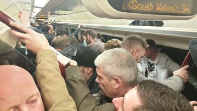 Packed train leaving Cardiff