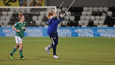 Rachel Furness celebrating Northern Ireland's qualification for the European Championships. Presseye
