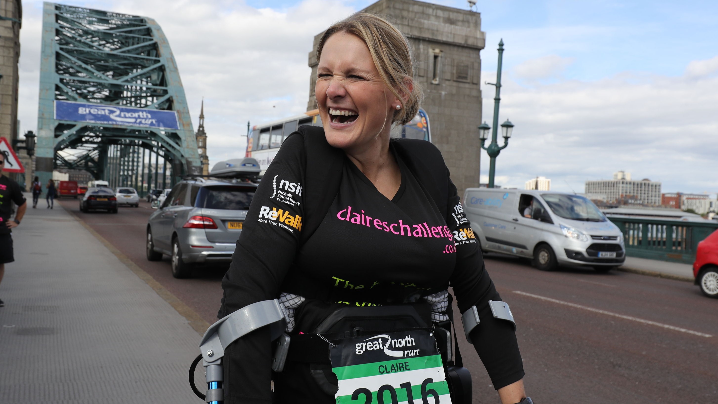 Paralysed former horse rider Claire Lomas on the Tyne Bridge as she takes part in the Great North Run in Newcastle starting