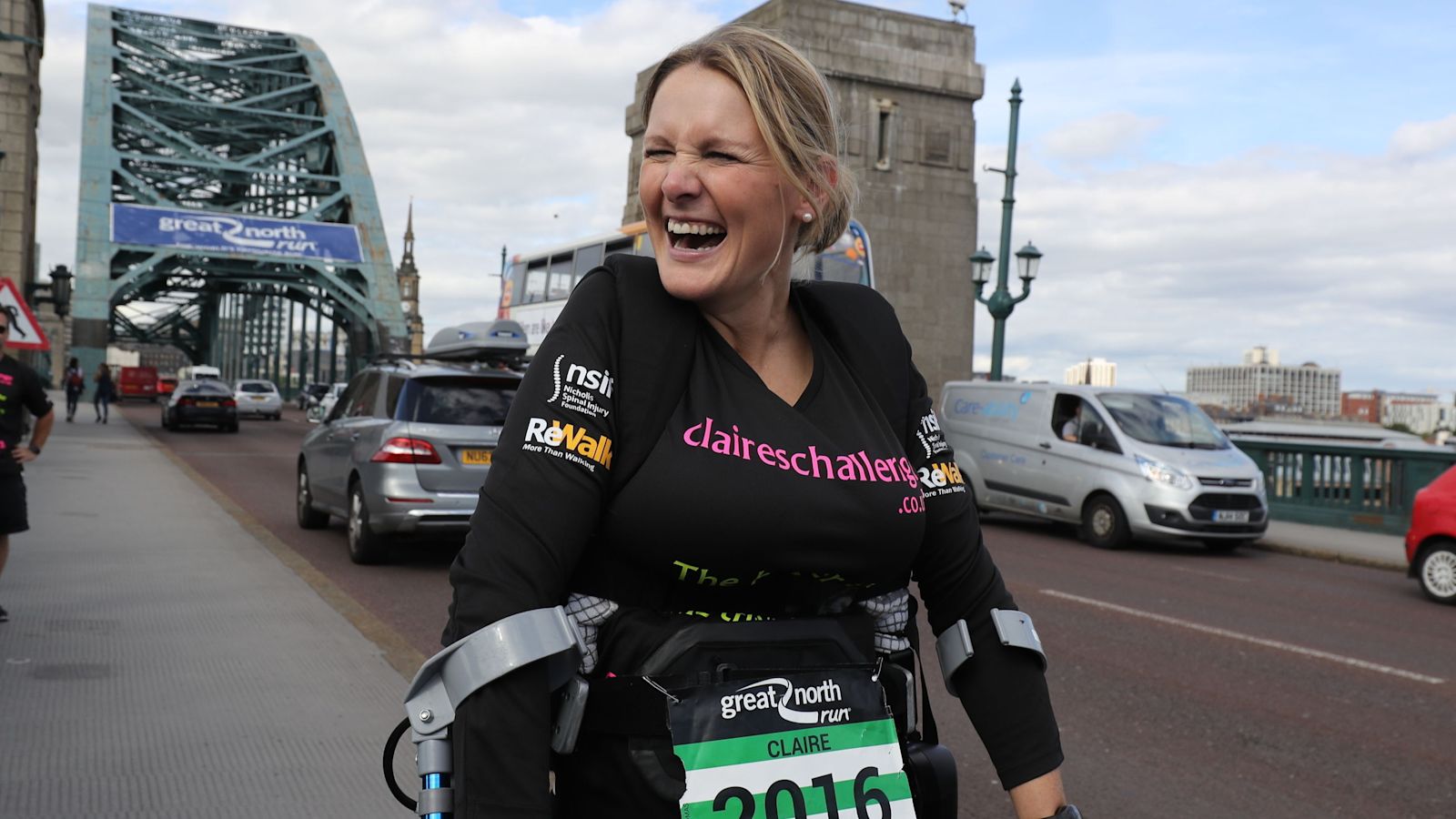 Photo: ITVX Paralysed former horse rider Claire Lomas on the Tyne Bridge as she takes part in the Great North Run in Newcastle starting
